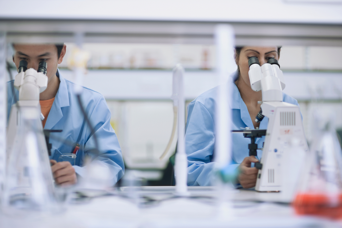 Two women scientists in blue lab coats look into microscopes in a laboratory, surrounded by various lab equipment and glassware on the workbench.