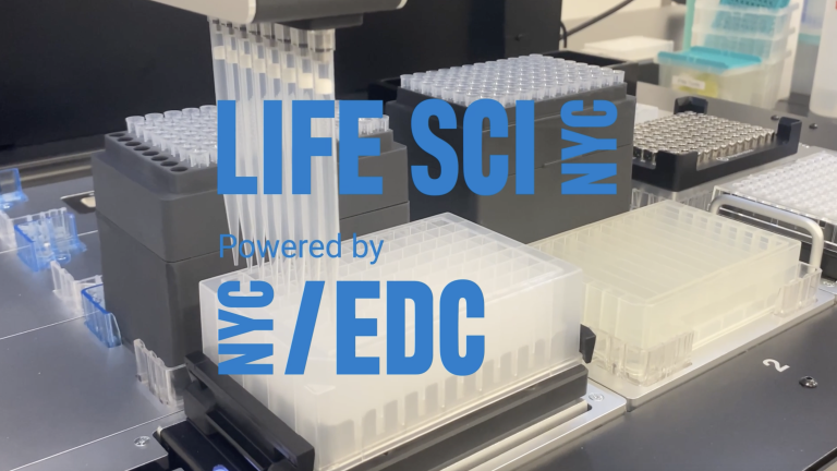 Graphic that reads "LifeSci NYC Powered by NYCEDC" over testing tubes in the background Graphic that reads "LifeSci NYC Powered by NYCEDC" over testing tubes in the background