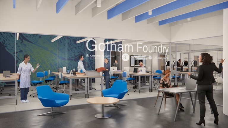 A modern, open lab space named Gotham Foundry with people working at desks and tables, some in lab coats. The setting is bright, with large windows, blue chairs, and collaborative work areas.