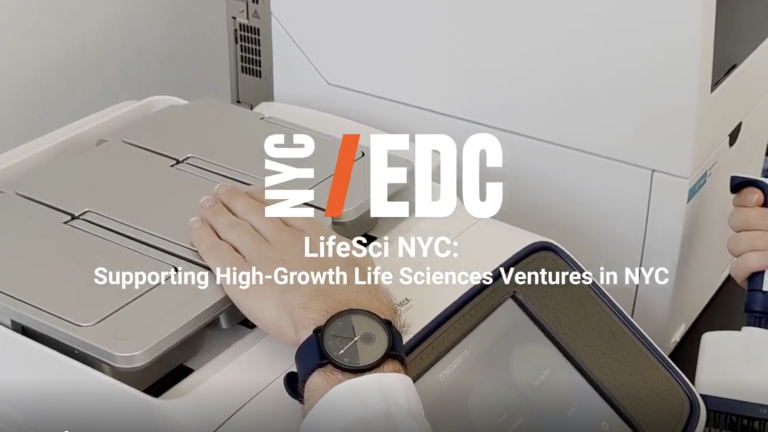 A life scientist wearing a wristwatch operates a laboratory machine. Overlaid text reads: NYC/EDC LifeSci NYC: Supporting High-Growth Life Sciences Ventures in NYC.