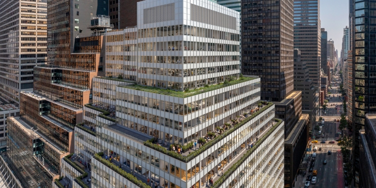 A modern, multi-tiered office building, named 850 Third Avenue, with terraces featuring green plants, surrounded by tall skyscrapers in a busy New York cityscape with streets and traffic visible below.