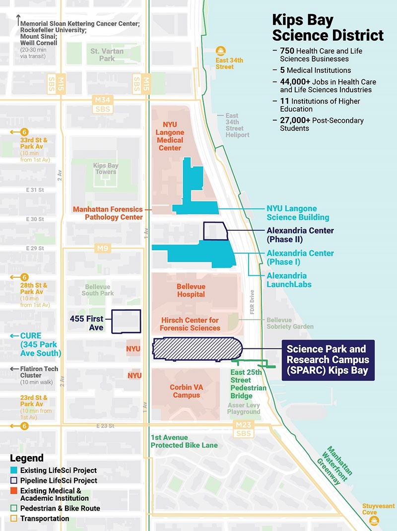 Map of the Kips Bay Science District, including the SPARC Kips Bay campus.